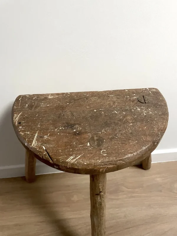 Ancien Tabouret Trépied De Pêcheur - Bois Naturel Et Cuir - Vintage