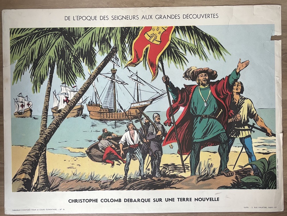 Ancien tableau d'histoire pour le cours élémentaire, imprimé recto-verso : « La bataille de Crécy » / « Christophe Colomb débarque sur une terre nouvelle ».