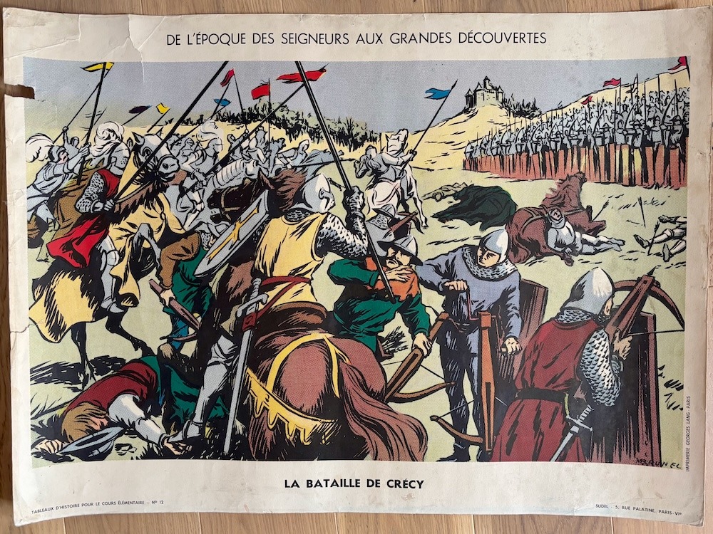 Ancien tableau d'histoire pour le cours élémentaire, imprimé recto-verso : « La bataille de Crécy » / « Christophe Colomb débarque sur une terre nouvelle ».