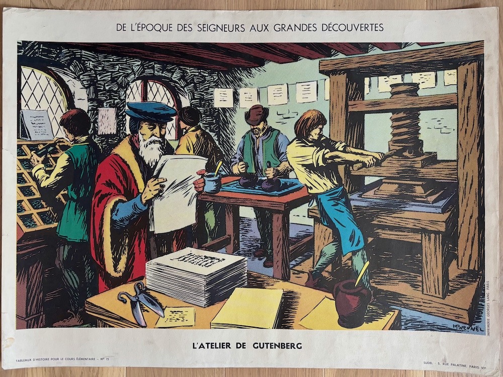 Tableau d'histoire vintage - L'atelier de Gutenberg / Saint Louis rend la justice