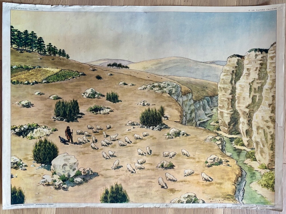 Affiche scolaire vintage Rossignol - Un plateau calcaire / Terrain granitique
