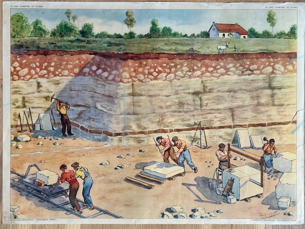 Affiche scolaire vintage Rossignol – Carrière de pierre / Climat froid